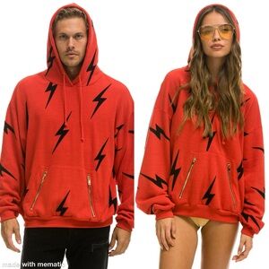 Aviator Nation Bolt Repeat Relaxed Pullover Hoodie Red/Black‎ Unisex XL